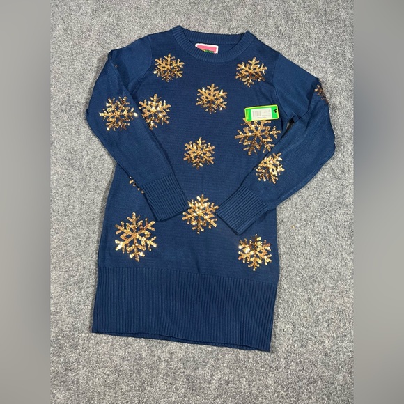 ~ NWOT ~ Tipsy Elves ~ Women's Blue Golden Snowflake Sweater Dress ~ Large - Picture 1 of 4